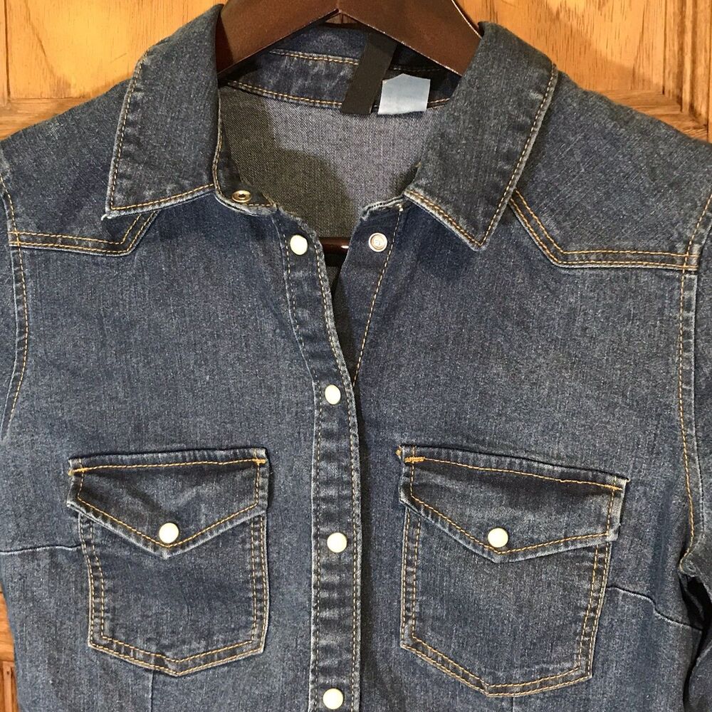 Divided H&M Western Pearl Snap Shirt Women's 2 Dark Wash Denim Cowgirl Giddy Up